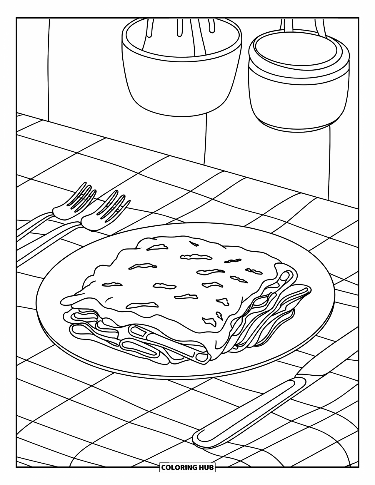Letter Z Coloring Page for Kids: Baked ziti and garlic bread on a cozy checkered table