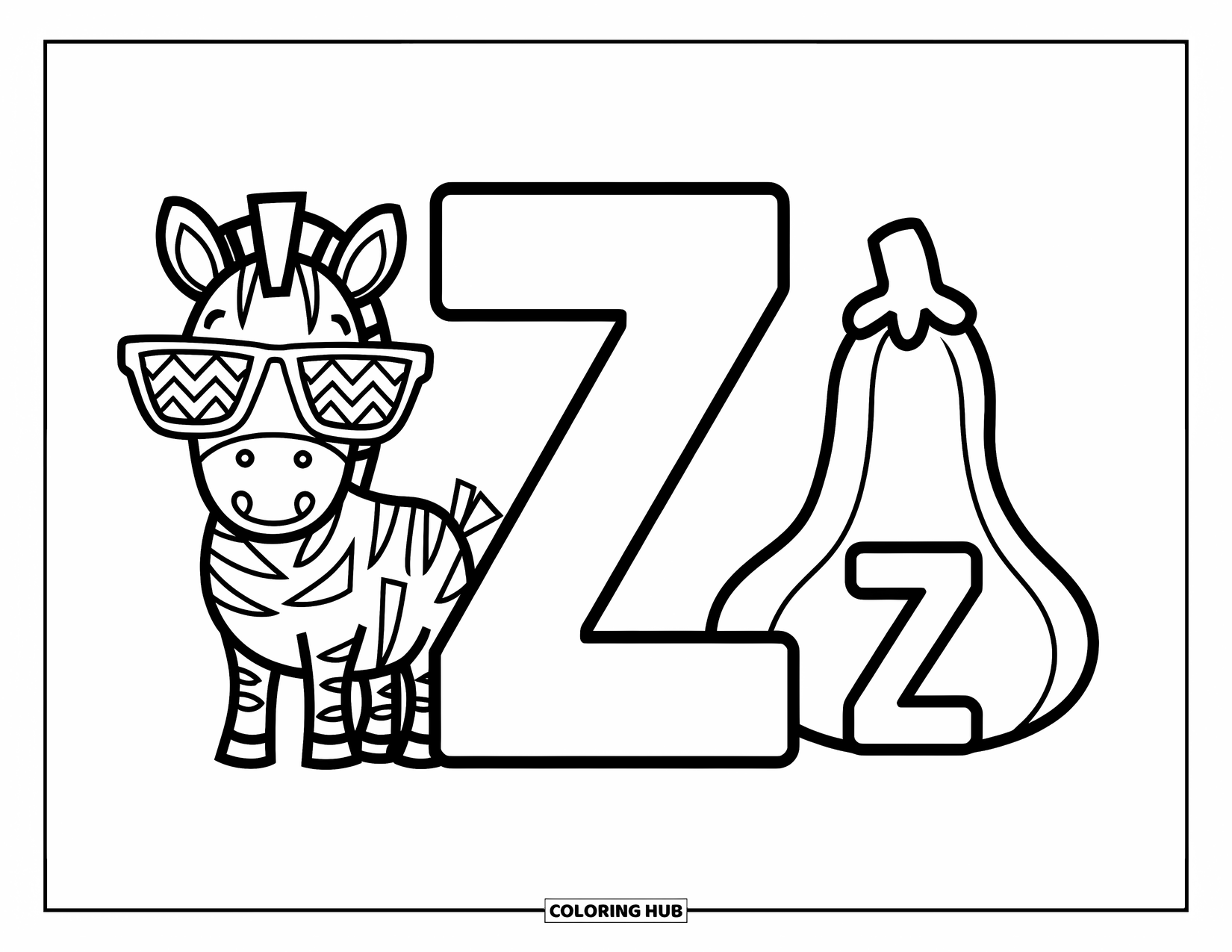 Letter Z Coloring Page for Kids: Big Z with zigzag glasses zebra; little z with zucchini