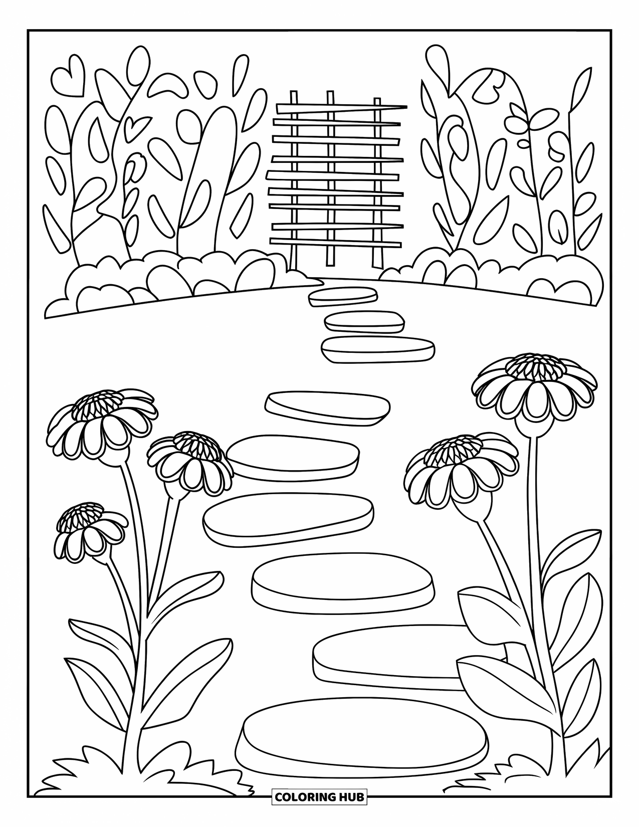 Letter Z Coloring Page for Kids: Circular zinnia blooms and stepping stones lead to a trellis