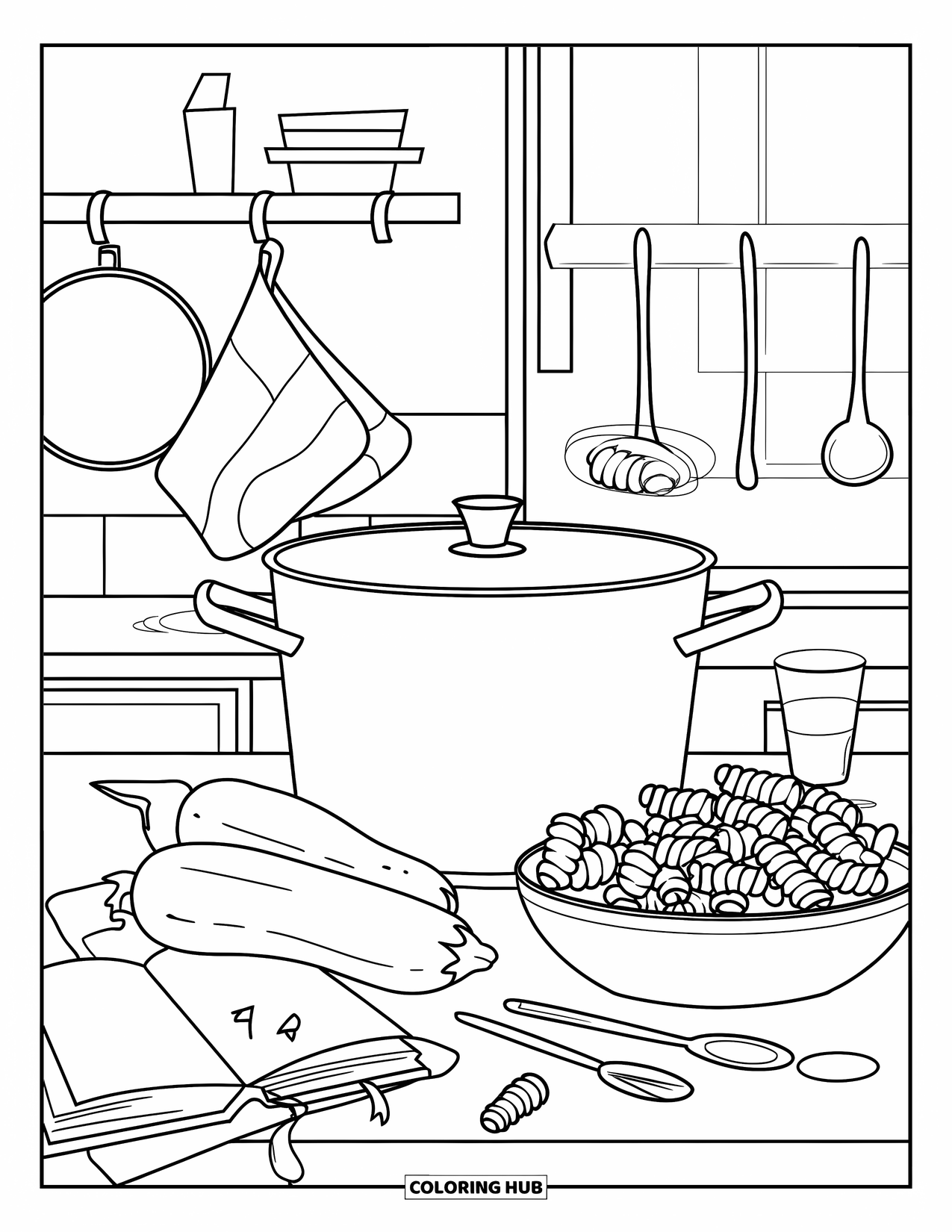 Letter Z Coloring Page for Kids: Cozy kitchen with ziti, zucchini, and a hanging recipe book