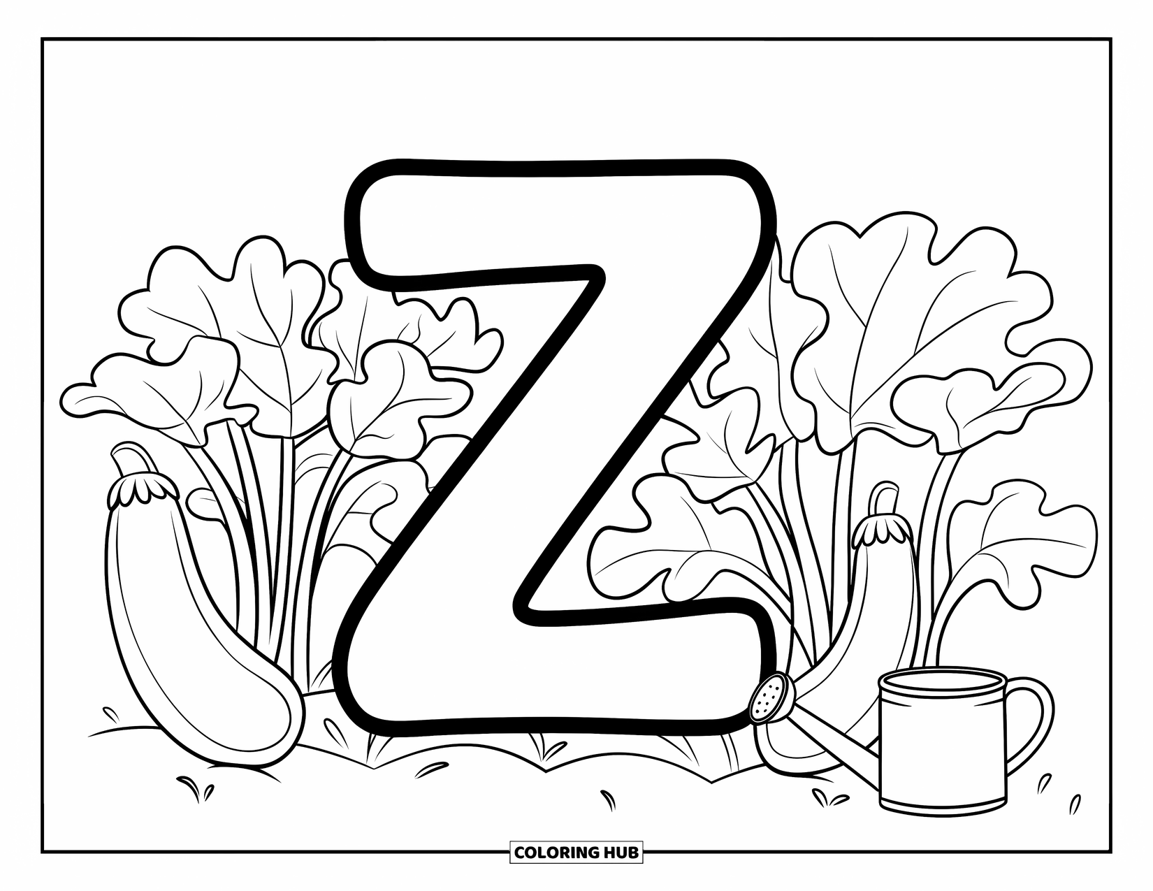 Letter Z Coloring Page for Kids: Letter Z surrounded by zucchini plants and a watering can