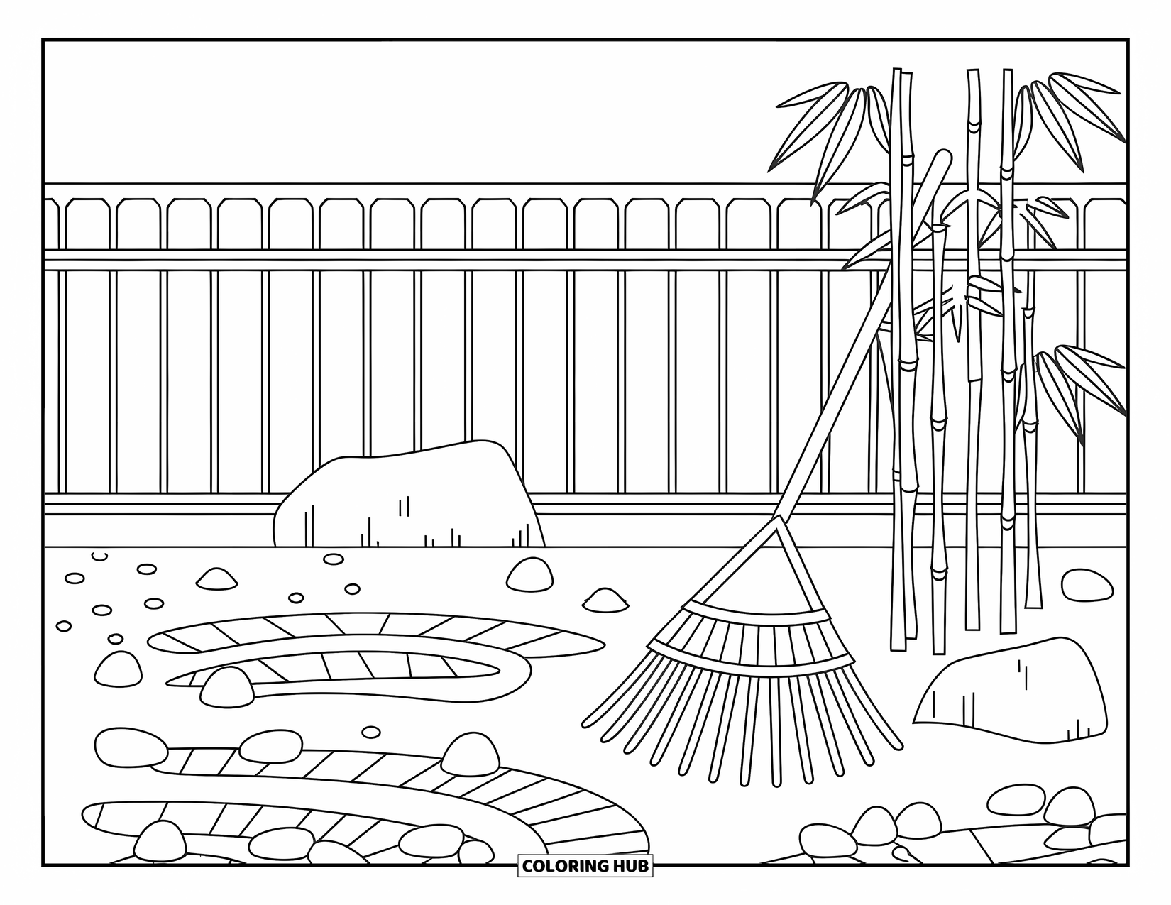 Letter Z Coloring Page for Kids: Pebbles, bamboo, and a rake decorate a peaceful zen garden