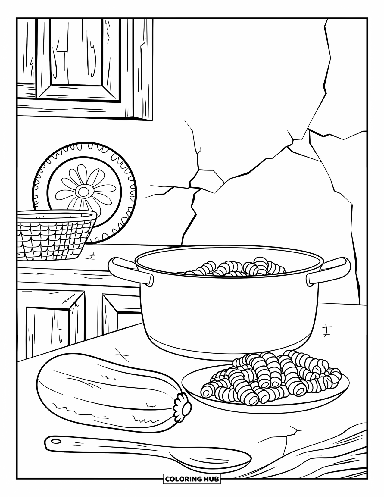 Letter Z Coloring Page for Kids: Rustic kitchen with ziti, zucchini, and a woven basket