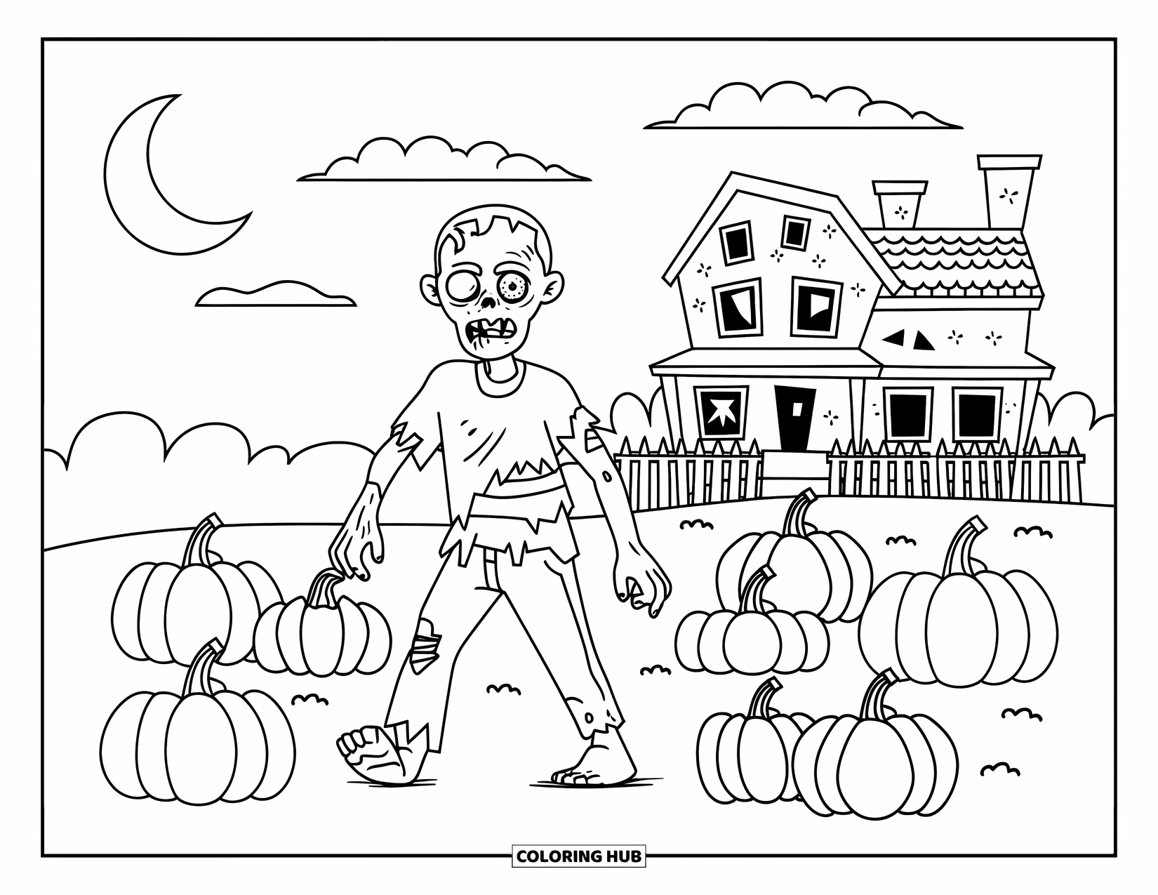 Letter Z Coloring Page for Kids: Tattered zombie in a spooky patch near a haunted house