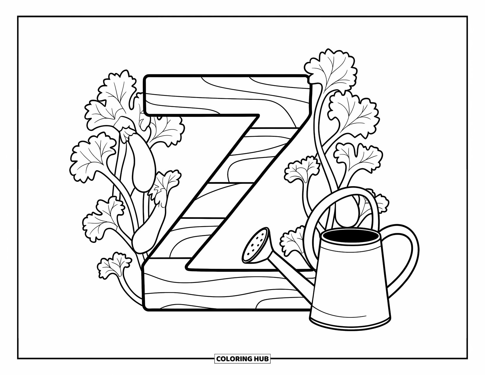 Letter Z Coloring Page for Kids: Wooden Z with zucchini, flowers, and a watering can