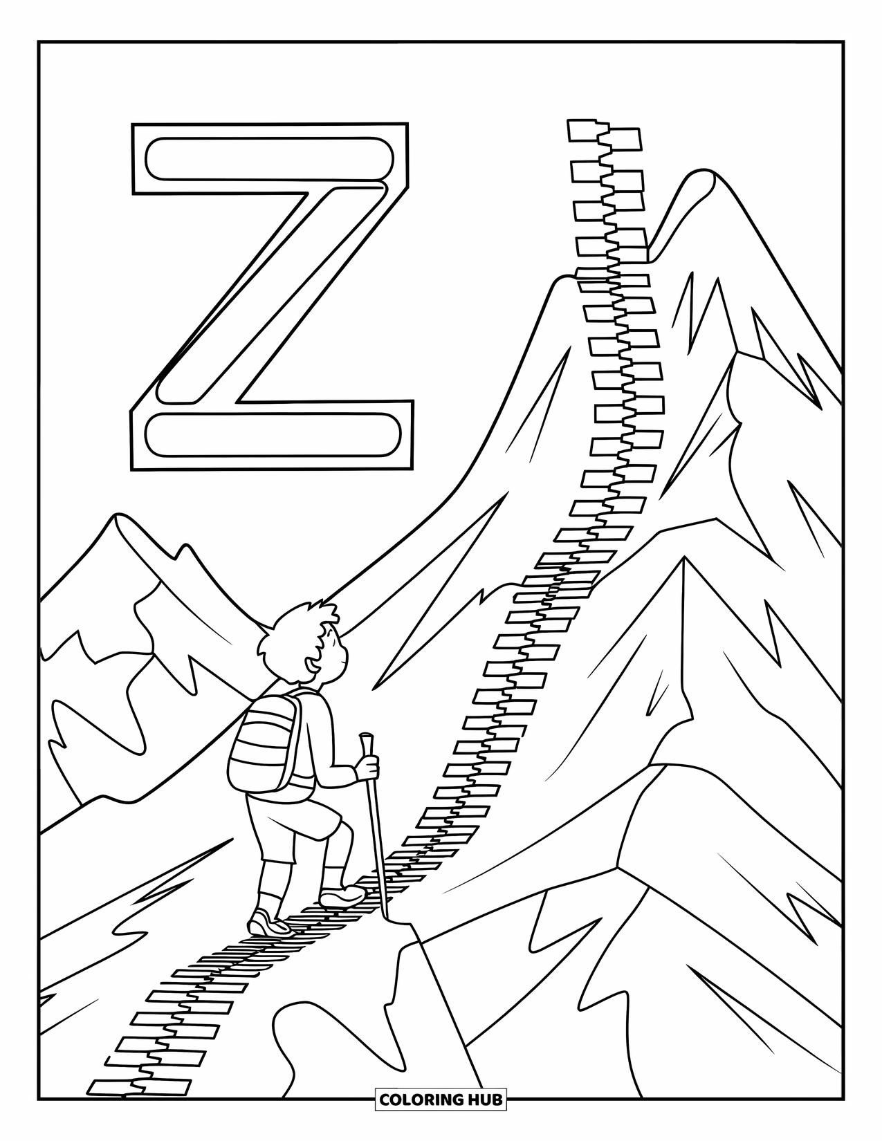 Letter Z Coloring Page for Kids: Z and a hiker climbing a zipper-shaped mountain path