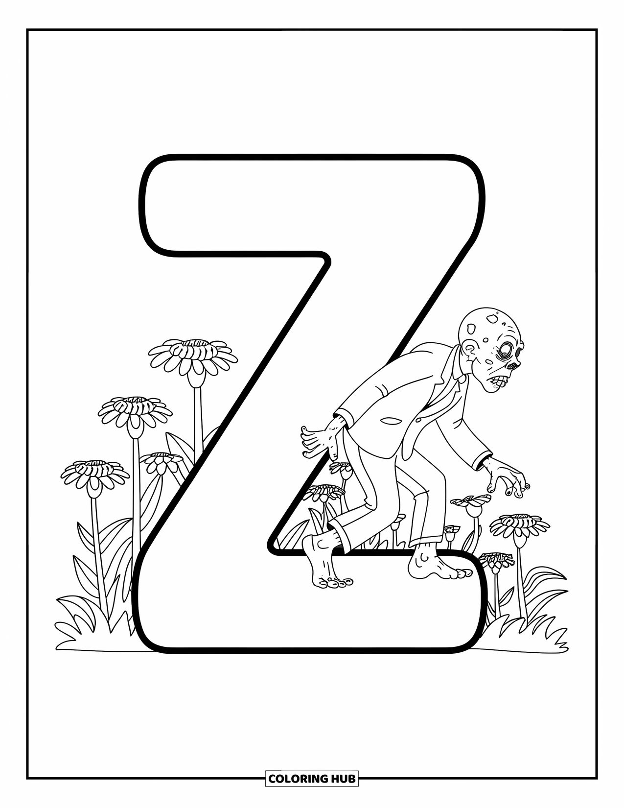Letter Z Coloring Page for Kids: Z in a garden with a zombie tiptoeing past blooming zinnias