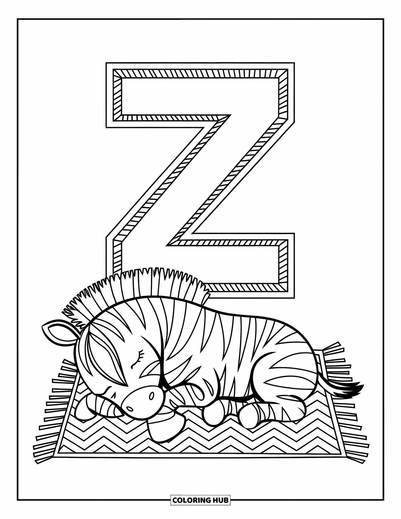 Letter Z Coloring Page for Kids: Z on a mat with a sleeping zebra curled up