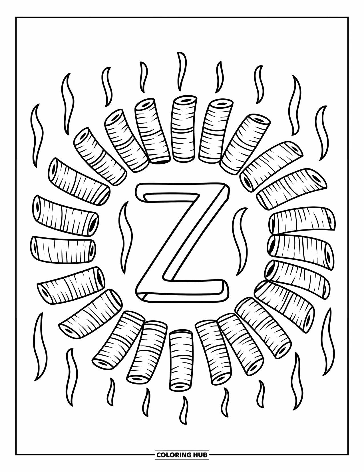 Letter Z Coloring Page for Kids: Z sits in the center, surrounded by steaming ziti pasta