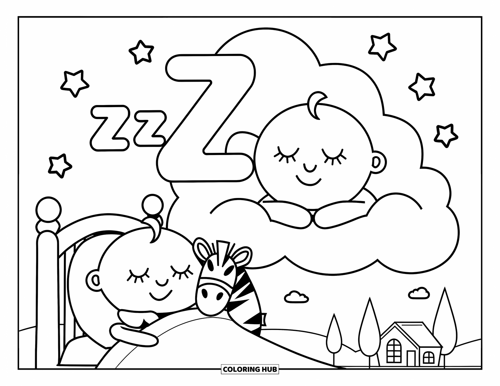 Letter Z Coloring Page for Kids: Z snoozes on a cloud; little z hugs a stuffed zebra