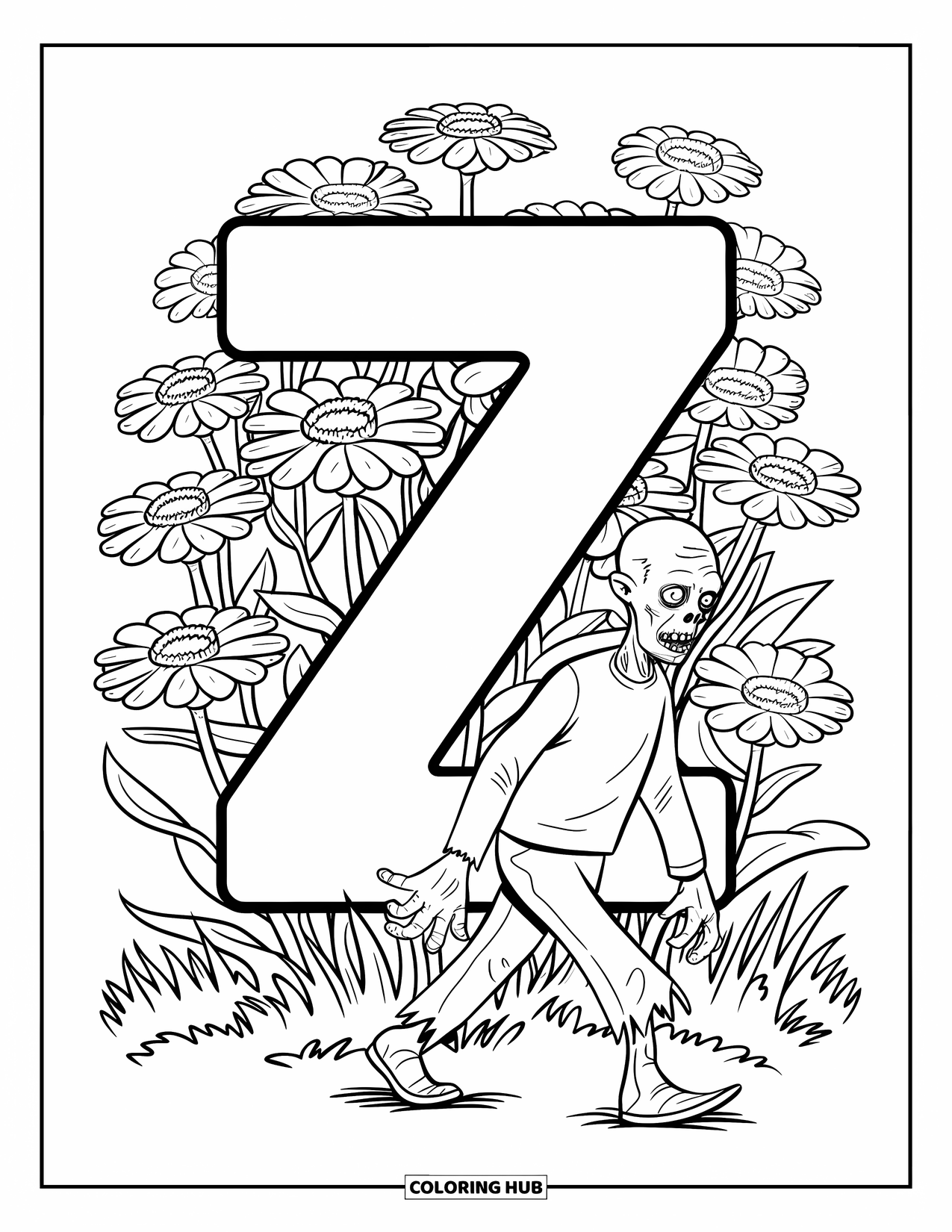 Letter Z Coloring Page for Kids: Z surrounded by zinnias and a sneaky zombie