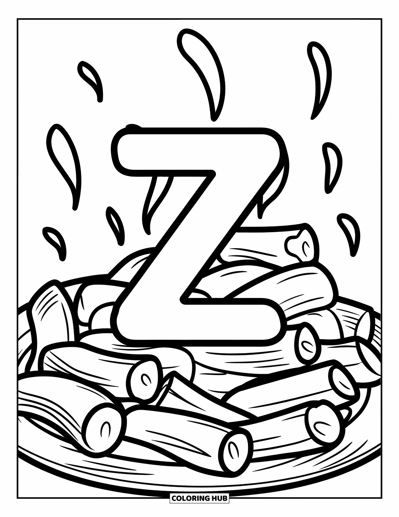 Letter Z Coloring Page for Kids: Z with a plate of ziti and rising steam lines