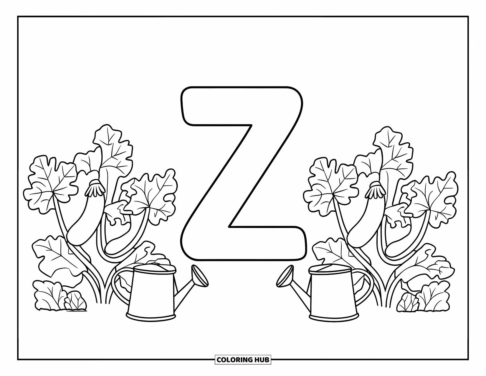 Letter Z Coloring Page for Kids: Z with zucchini plants and a watering can on each side