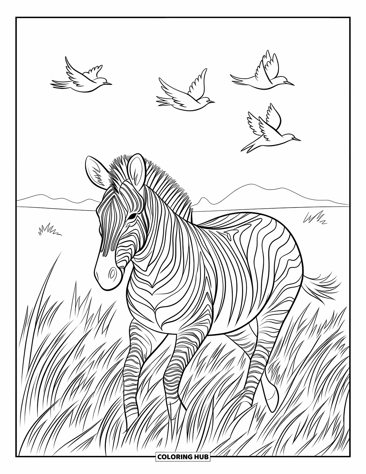 Letter Z Coloring Page for Kids: Zebra in motion through grass with birds and distant hills