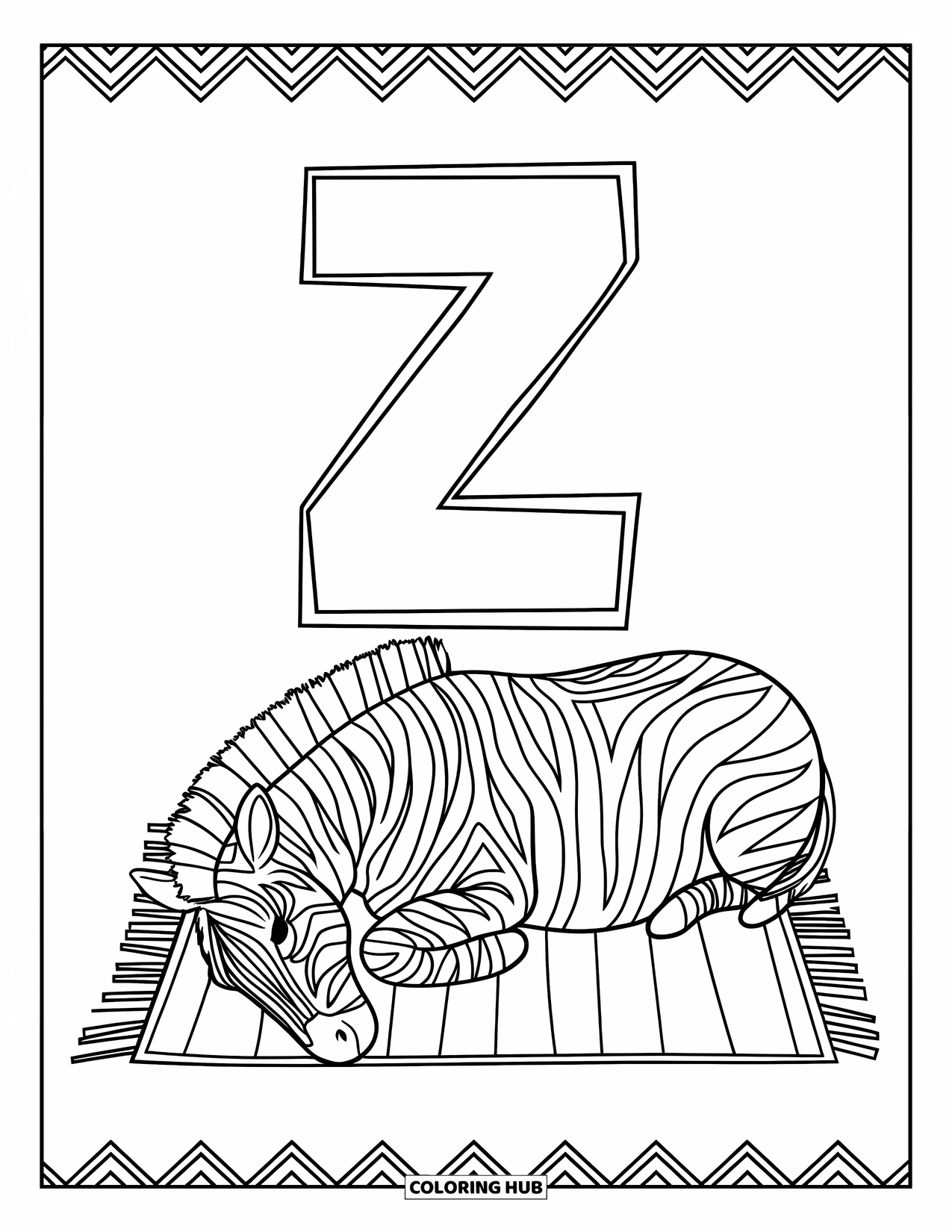 Letter Z Coloring Page for Kids: Zebra naps peacefully on a zigzag mat next to Z