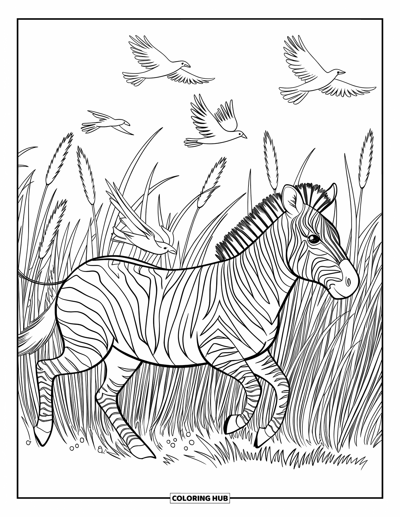 Letter Z Coloring Page for Kids: Zebra runs through tall grass with birds flying overhead