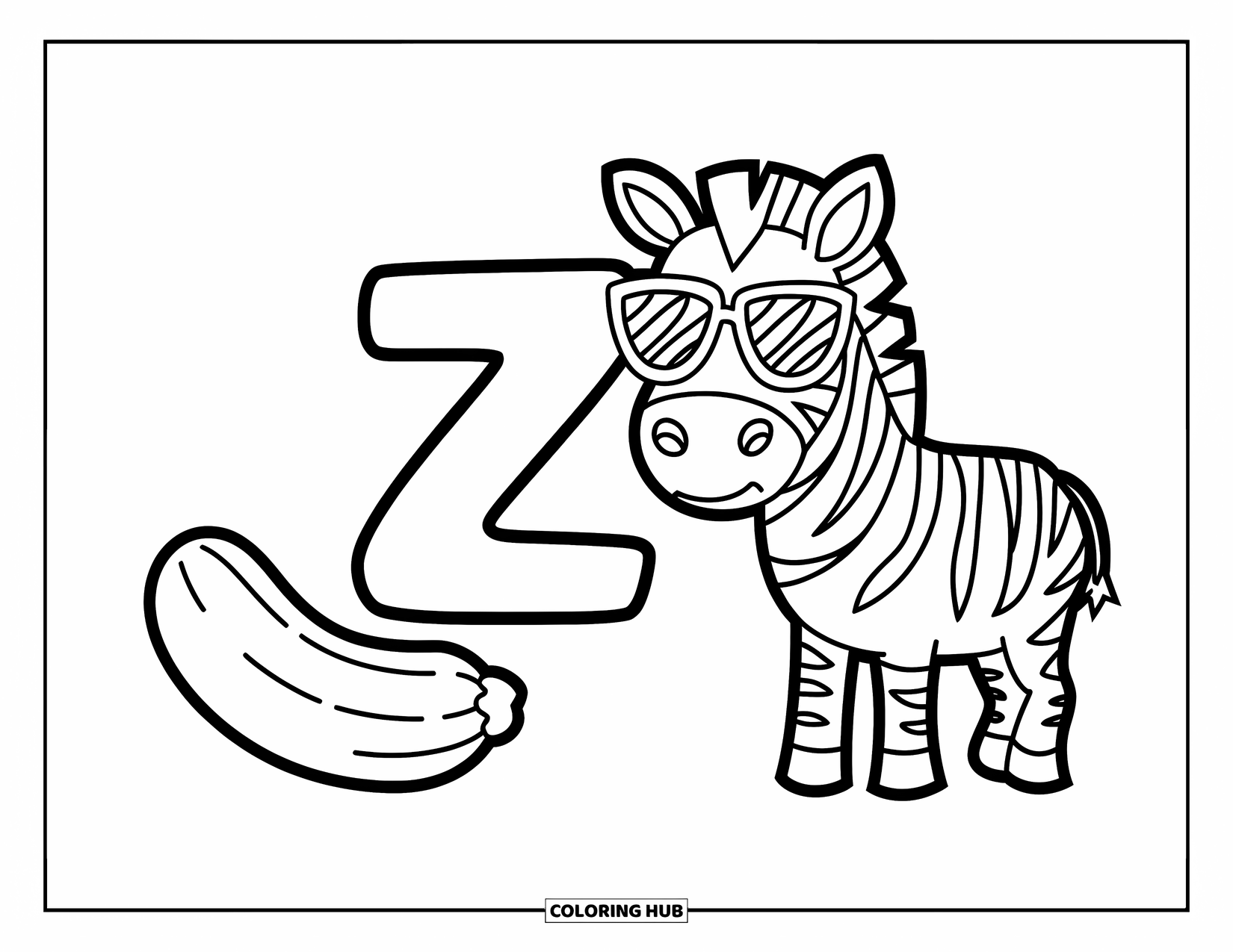 Letter Z Coloring Page for Kids: Zebra with cool glasses beside Z, zucchini beside little z