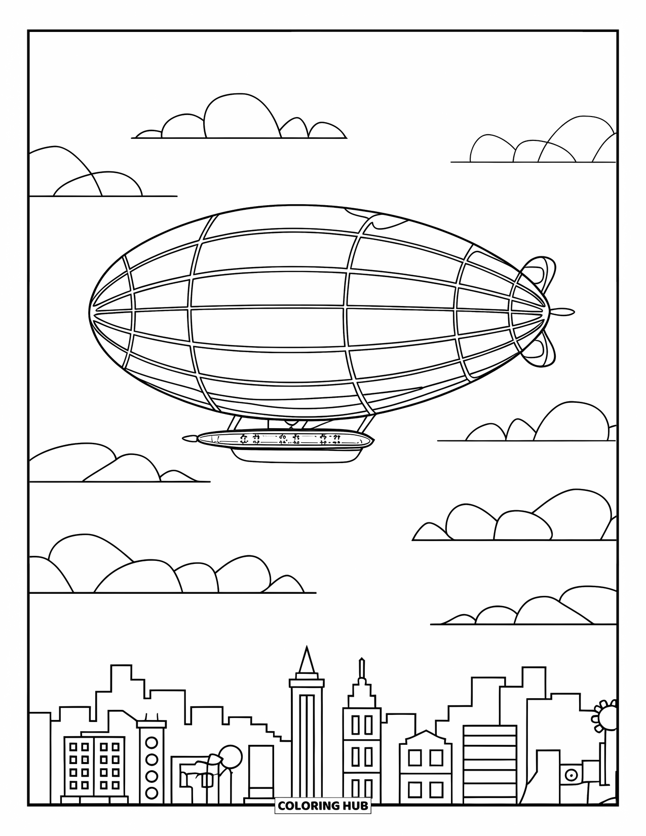 Letter Z Coloring Page for Kids: Zeppelin above city skyline with expressive modern buildings