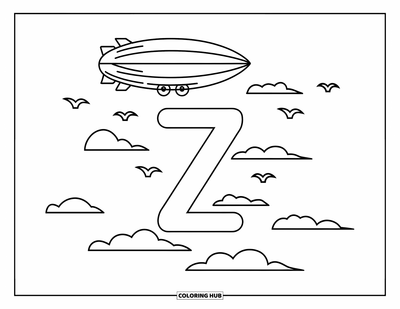 Letter Z Coloring Page for Kids: Zeppelin and birds fly over the letter Z in the sky