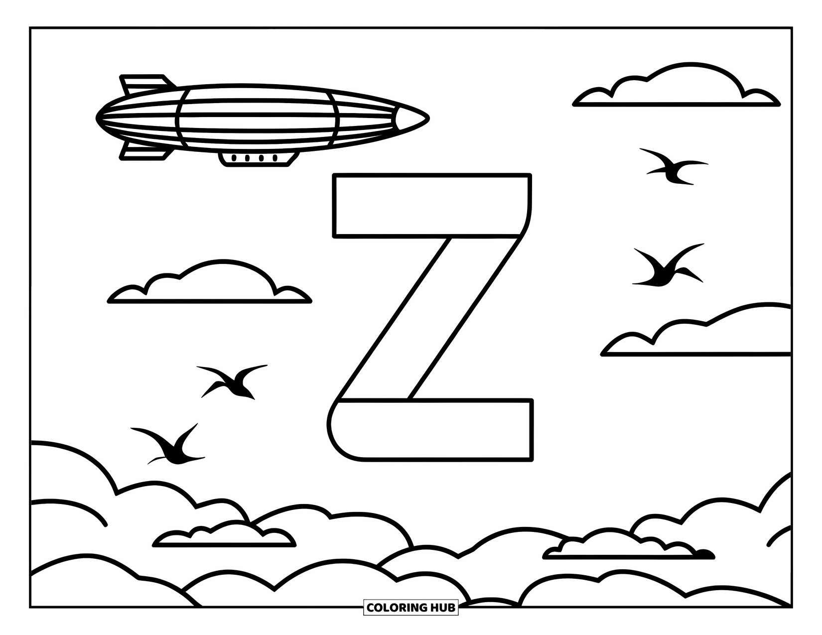 Letter Z Coloring Page for Kids: Zeppelin flies over Z with birds and fluffy clouds