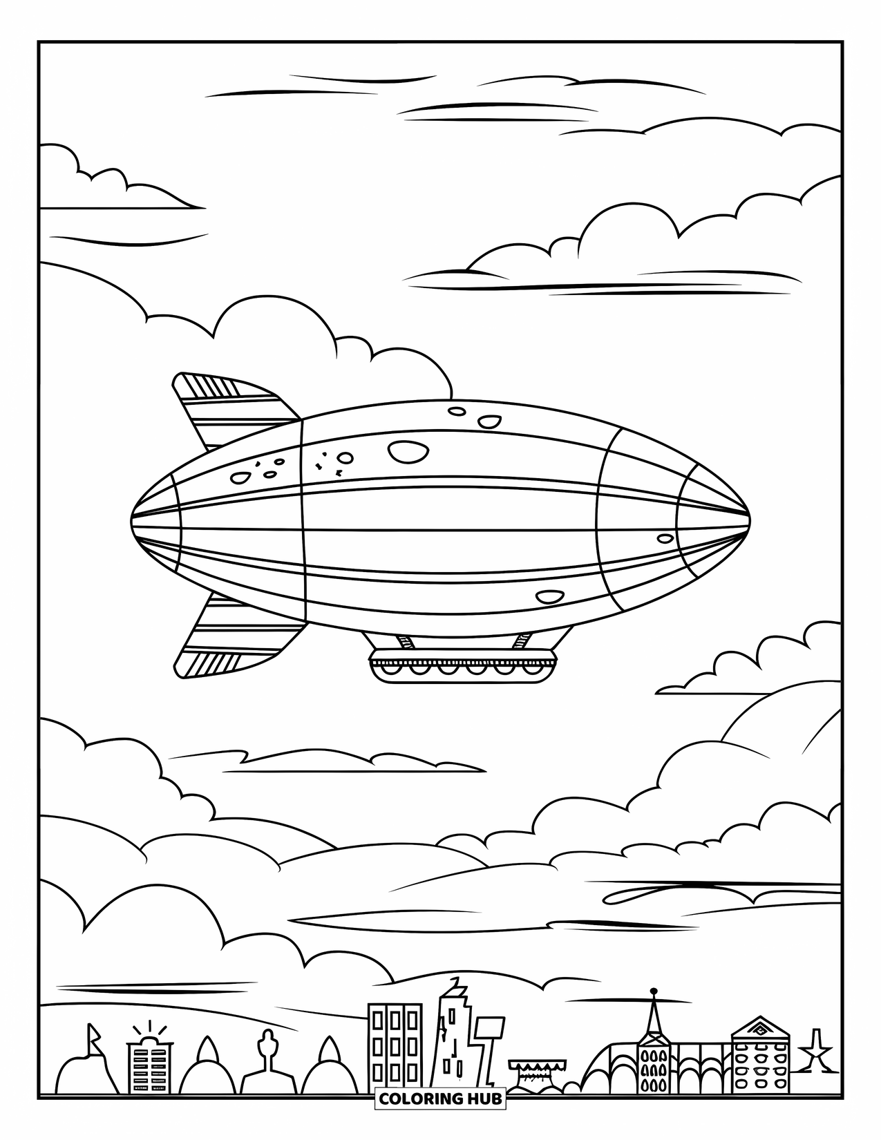 Letter Z Coloring Page for Kids: Zeppelin floats over a quiet city skyline and clouds