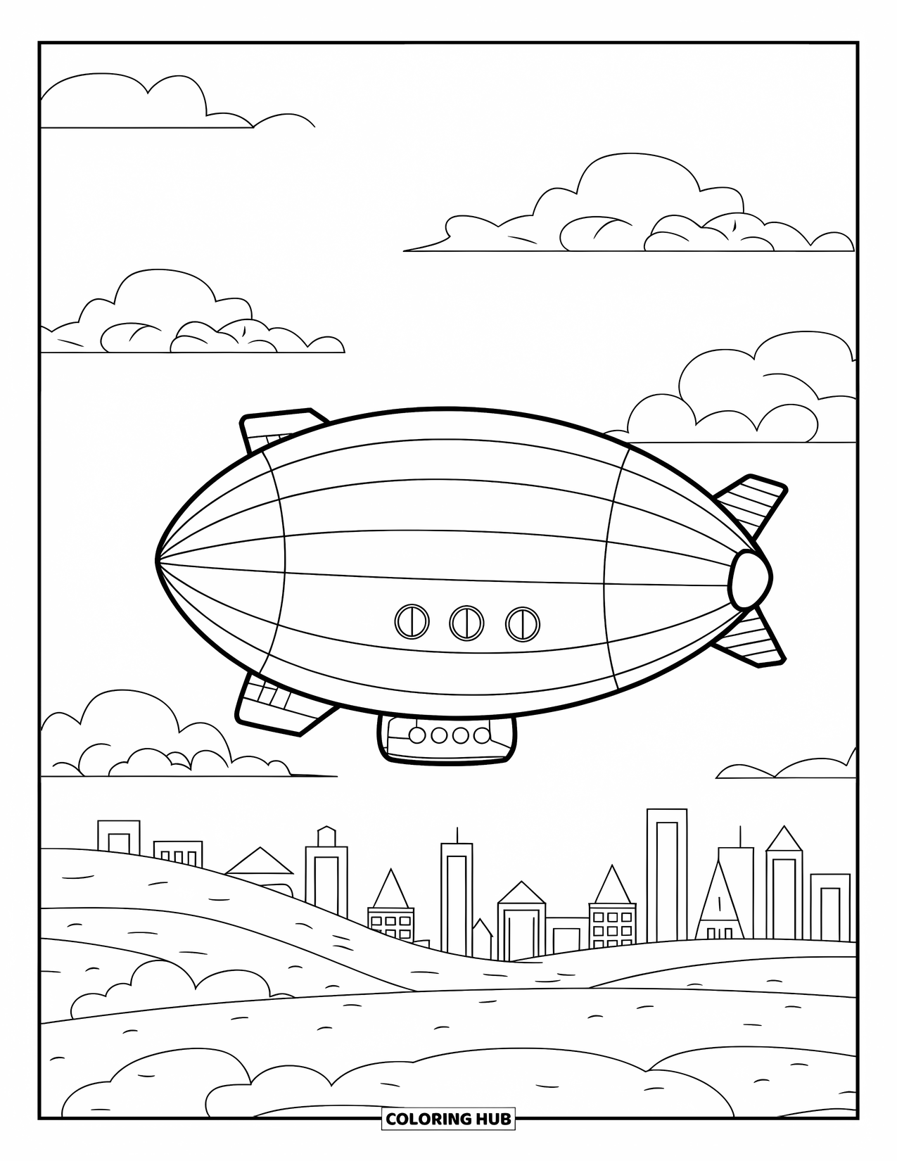 Letter Z Coloring Page for Kids: Zeppelin with windows floats over rooftops and fluffy clouds