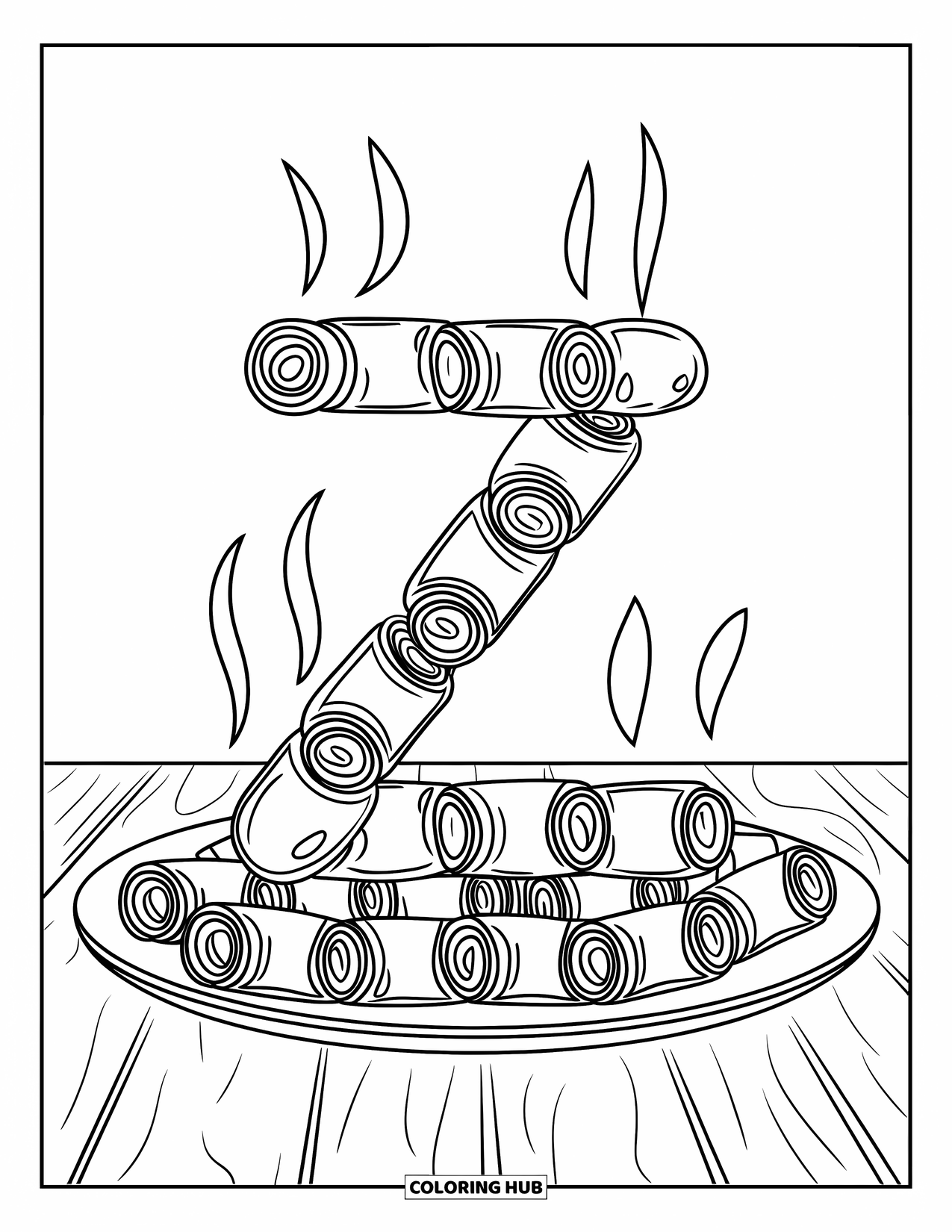 Letter Z Coloring Page for Kids: Ziti pasta forms a steamy plate beneath the big letter Z