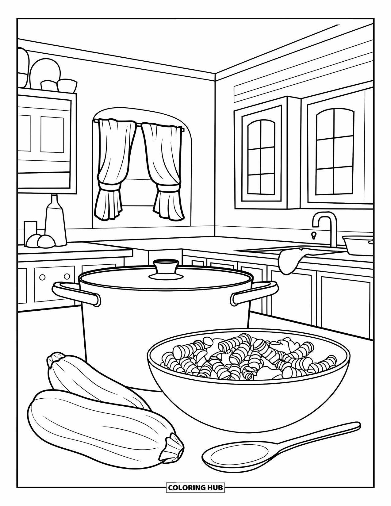 Letter Z Coloring Page for Kids: Ziti, zucchini, and a pot on a counter in a cozy kitchen