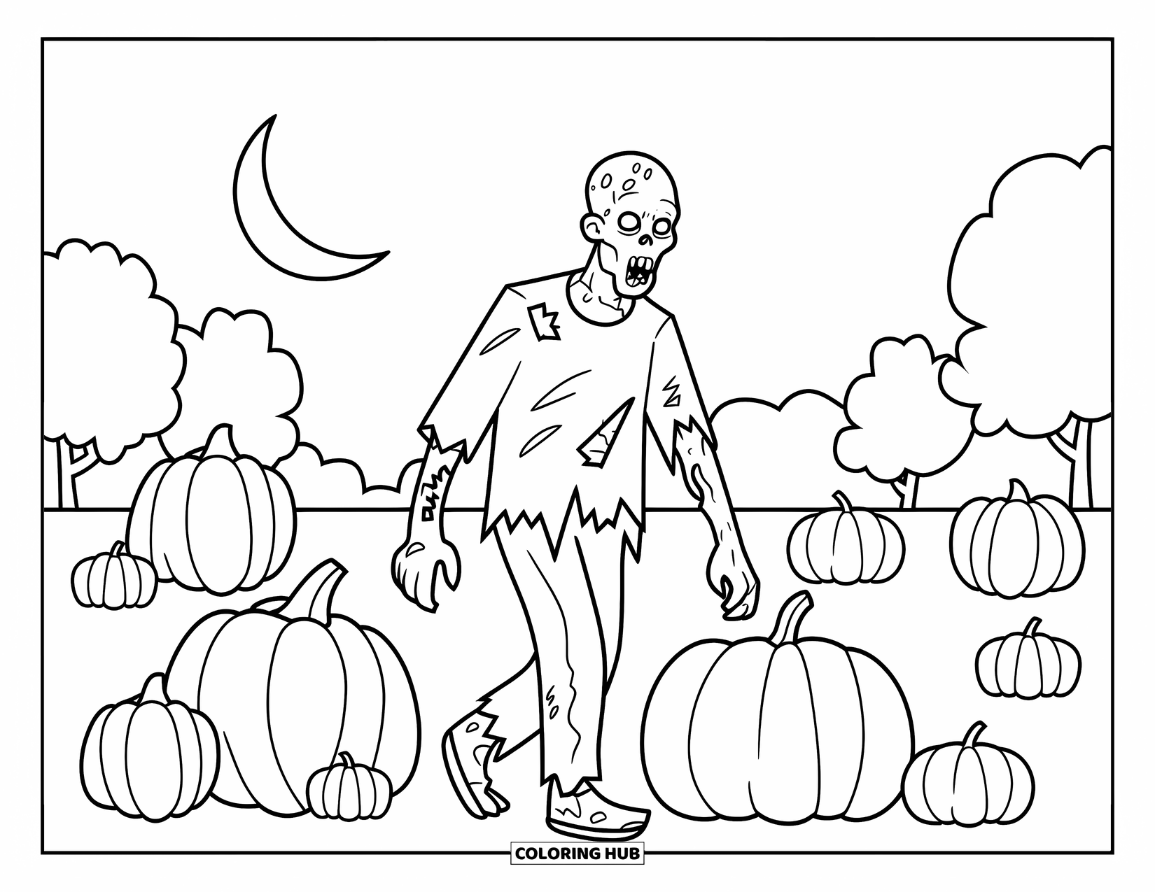 Letter Z Coloring Page for Kids: Zombie in a pumpkin patch with spooky trees and a crescent moon