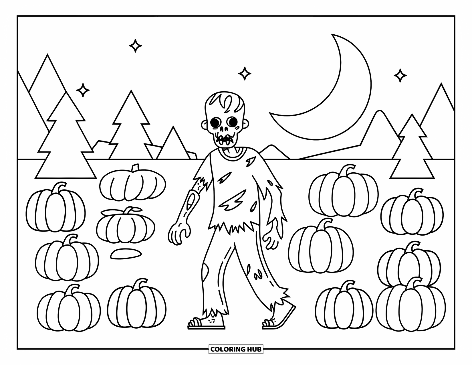 Letter Z Coloring Page for Kids: Zombie walks through a pumpkin patch under a crescent moon