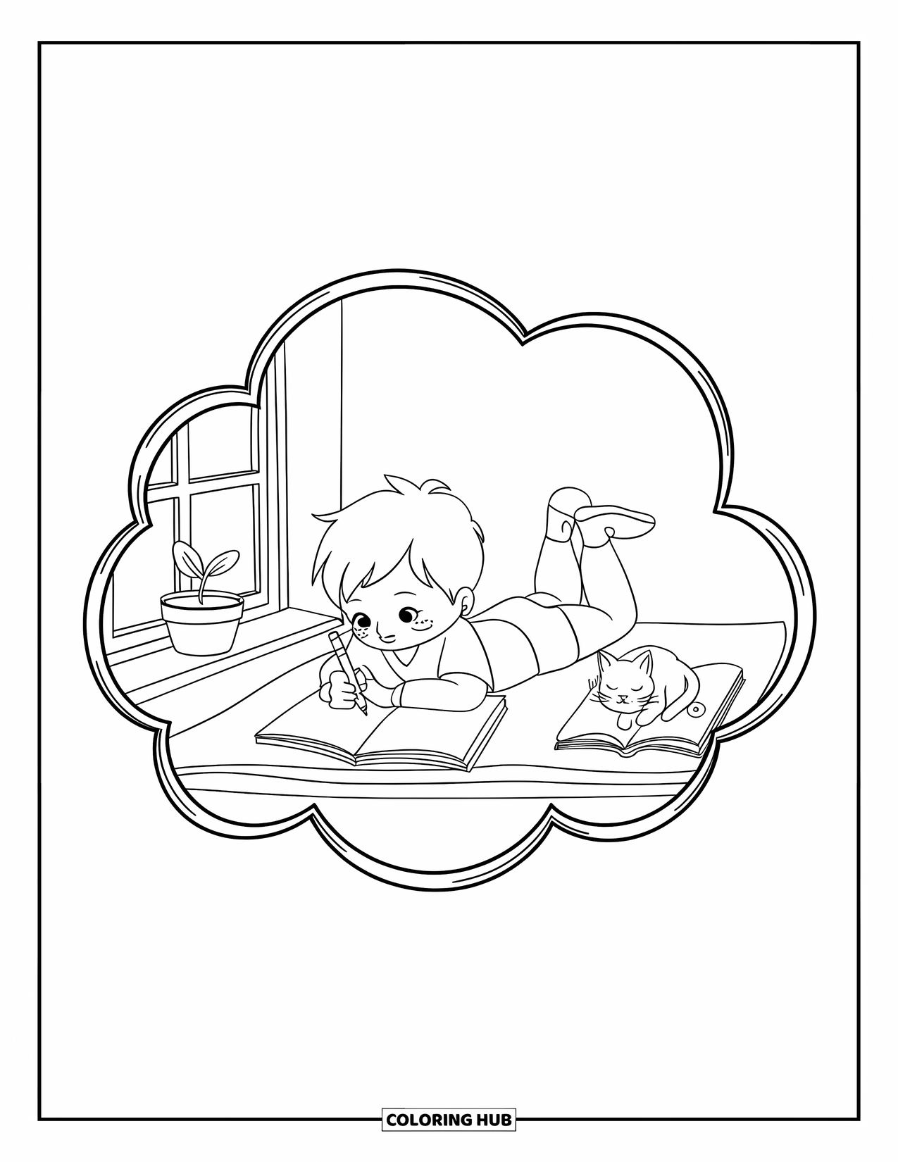 Library Coloring Page for Adults: A boy draws in his journal while a cat naps nearby in a cloud-shaped nook