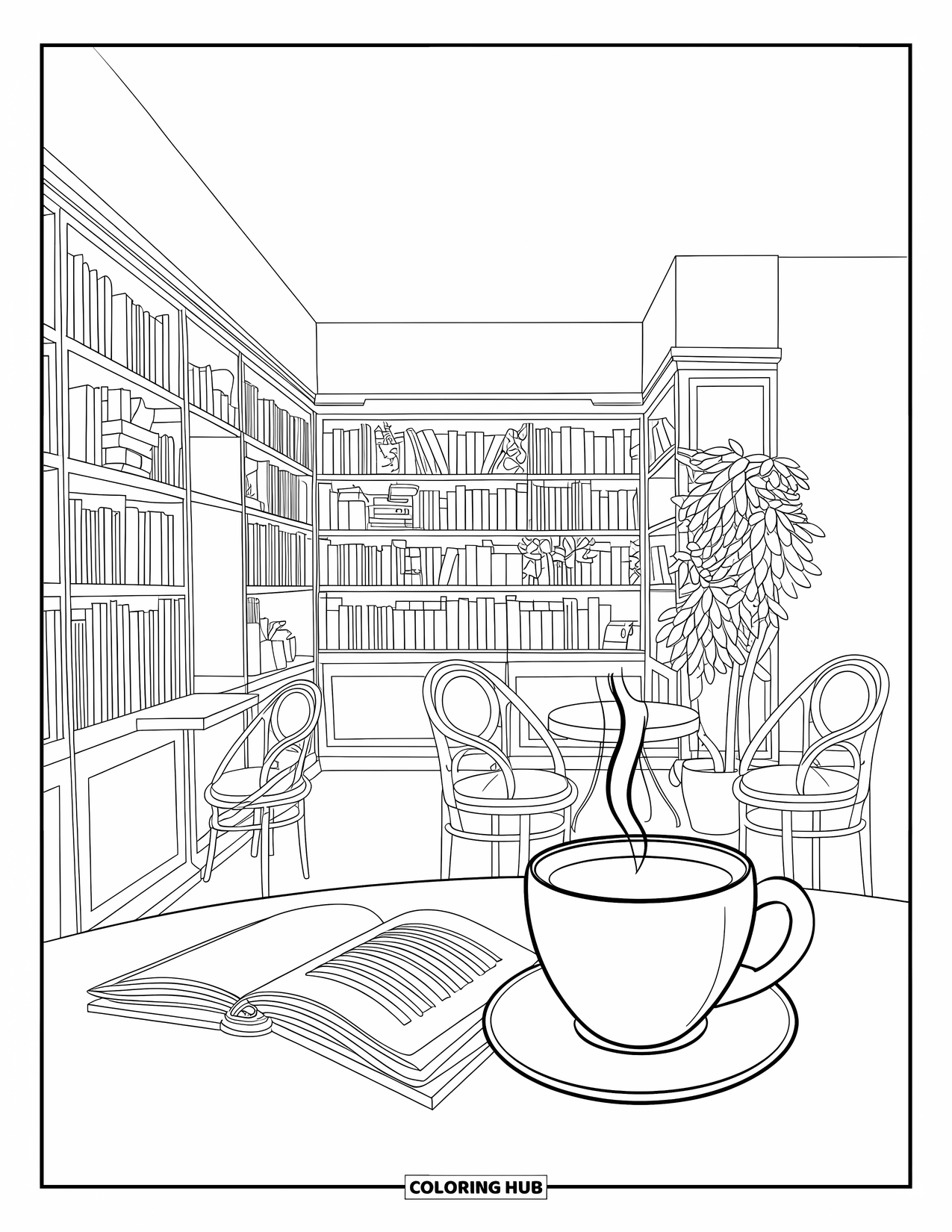 Library Coloring Page for Adults: A cozy café corner with bookshelves, a drink, and a wooden table with chairs
