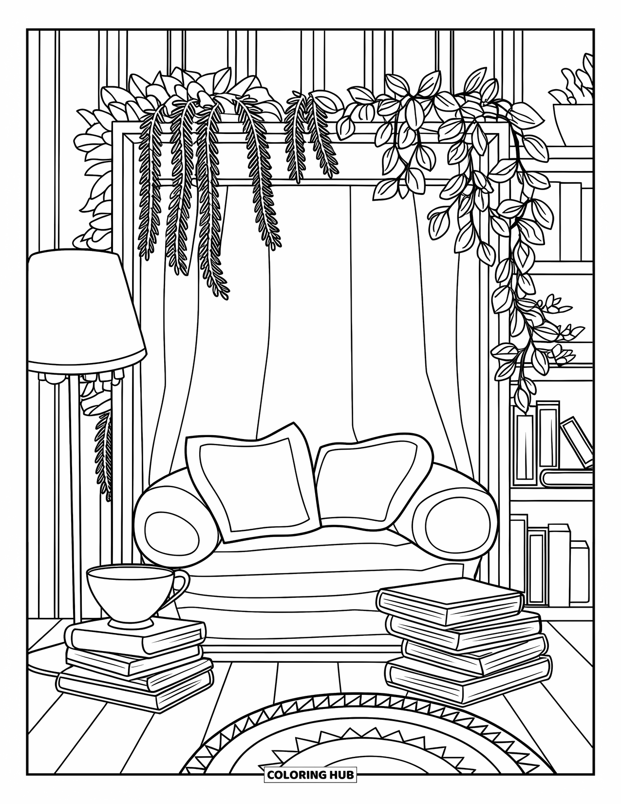 Library Coloring Page for Adults: A cozy corner with books, a teacup, and plants beside a patterned rug and shelf
