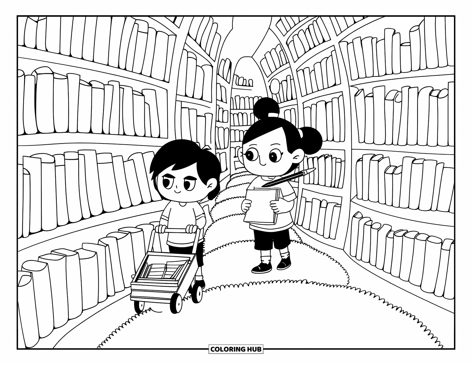 Library Coloring Page for Adults: A cozy hall with a soft rug, mini cart, and kids ready for story time