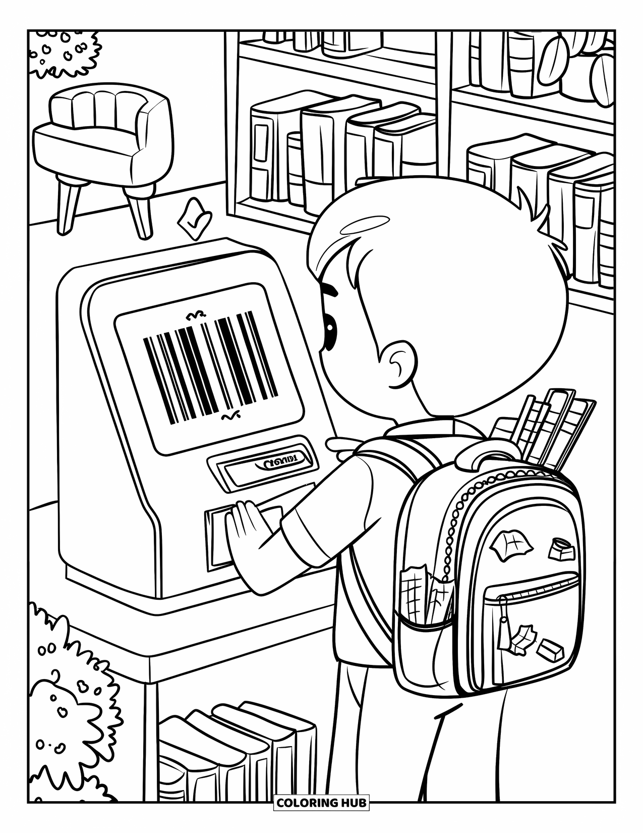 Library Coloring Page for Adults: A cozy school library scene with a boy scanning a book and a plant nearby