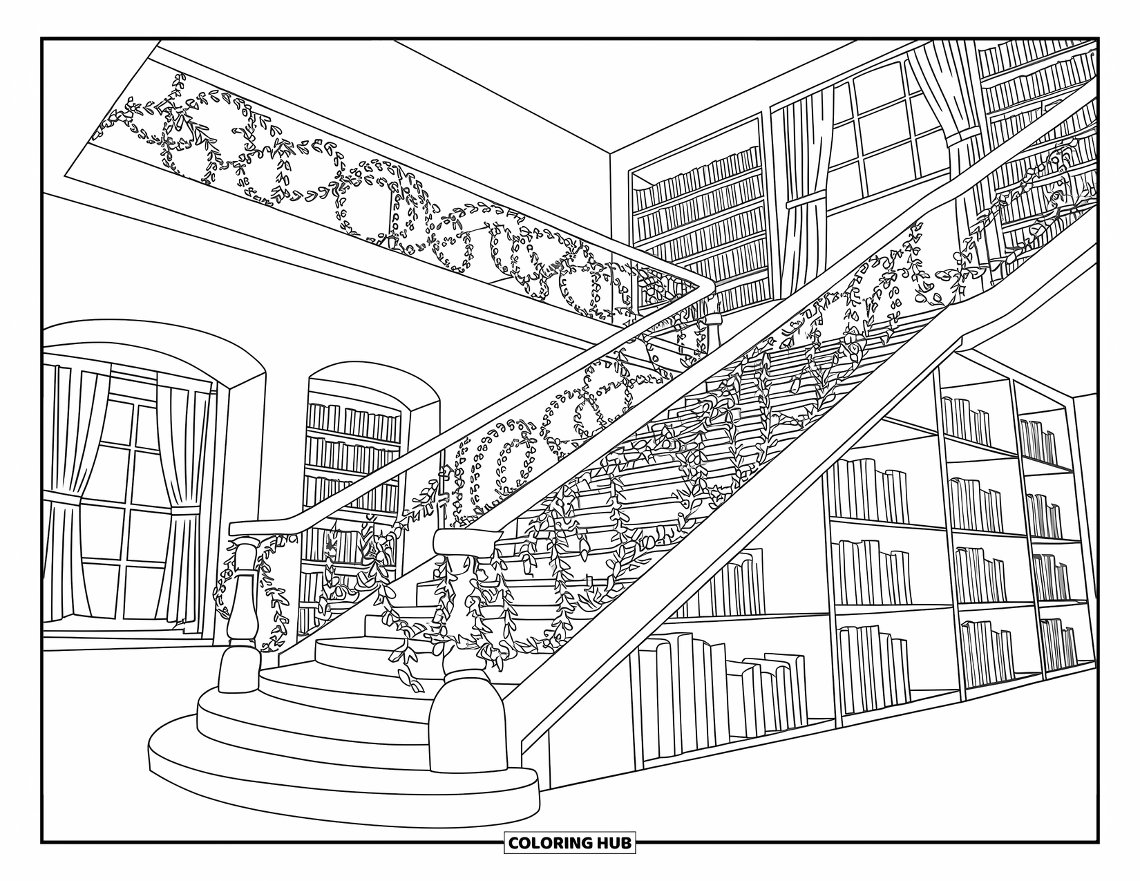 Library Coloring Page for Adults: A cozy staircase lined with books and vines sits near shelves and curtained windows