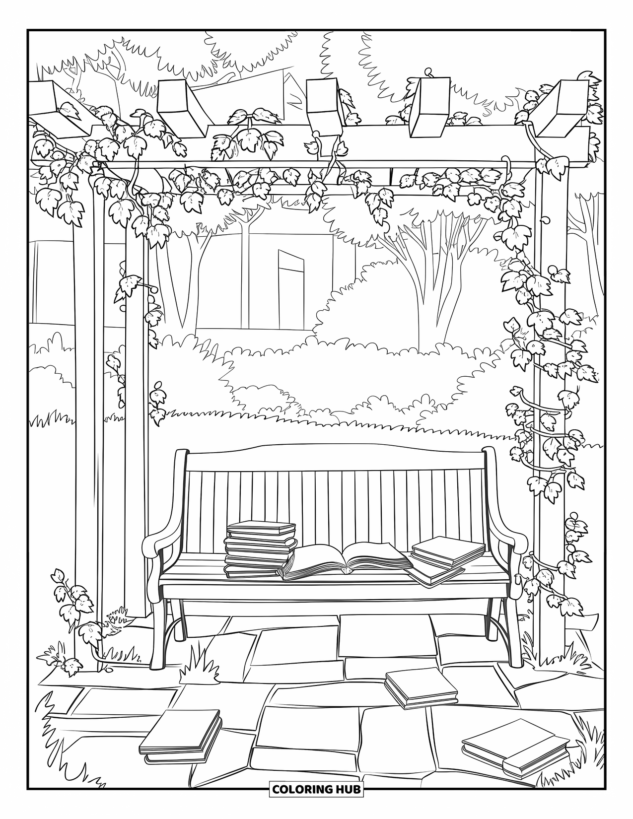 Library Coloring Page for Adults: A garden bench under a pergola rests among books and trailing ivy vines