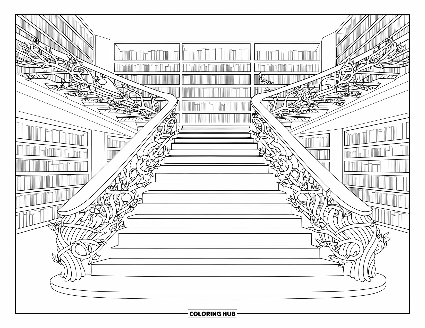 Library Coloring Page for Adults: A grand library staircase with book-lined steps and vine-shaped railings