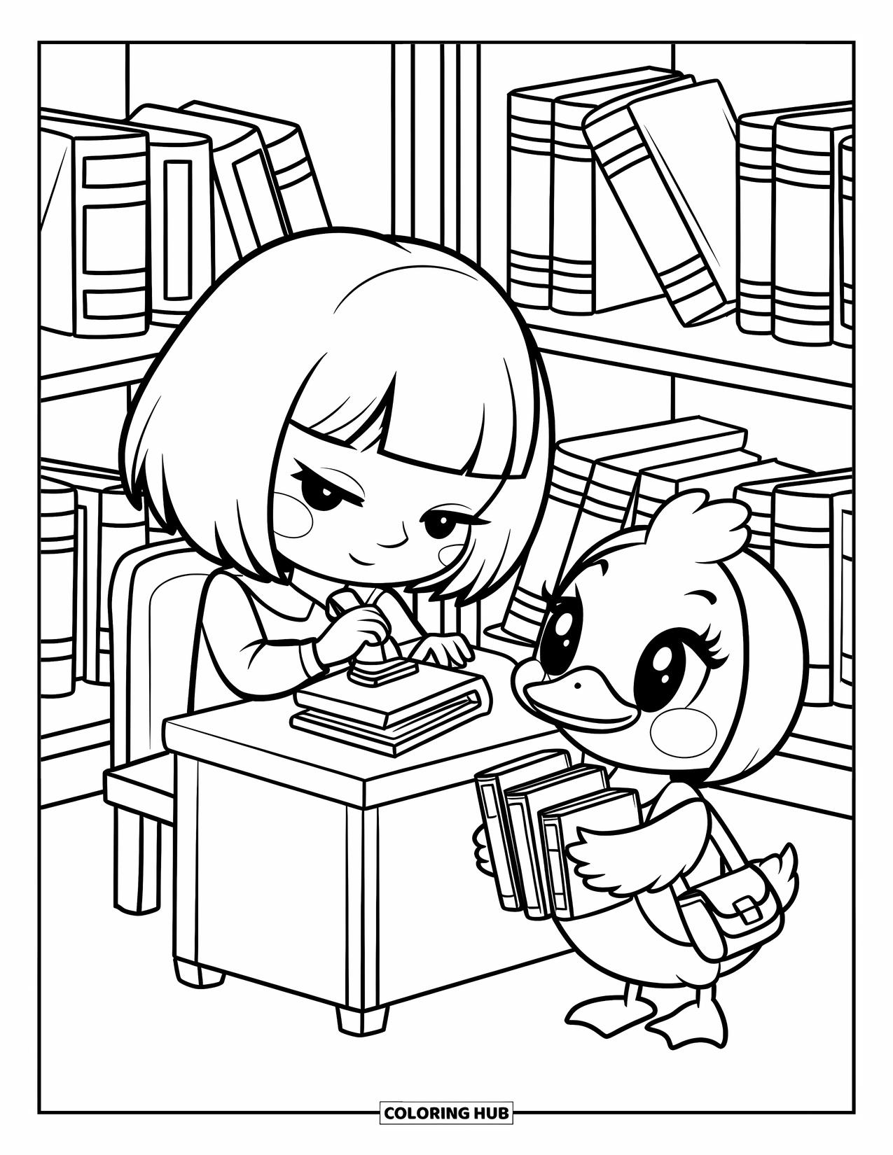 Library Coloring Page for Adults: A happy duck waits as a librarian stamps books near shelves and tiny book details