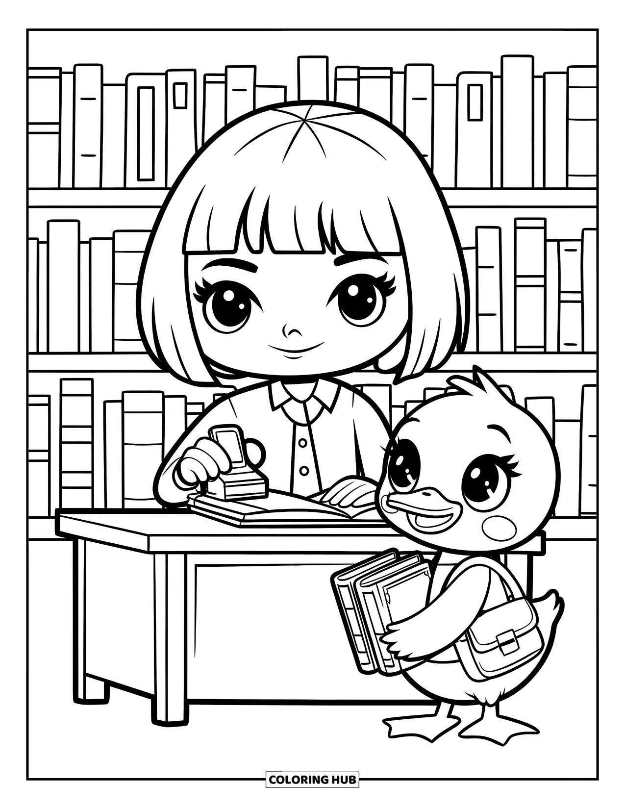 Library Coloring Page for Adults: A librarian stamps books while a duck with a bag waits cheerfully in line