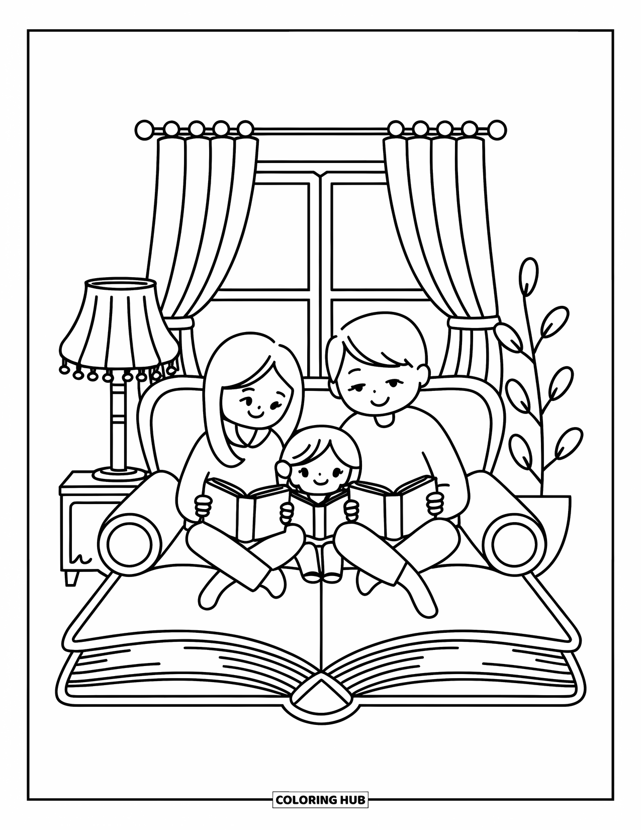 Library Coloring Page for Adults: A mom, dad, and child read together near a lamp, plant, and curtained window