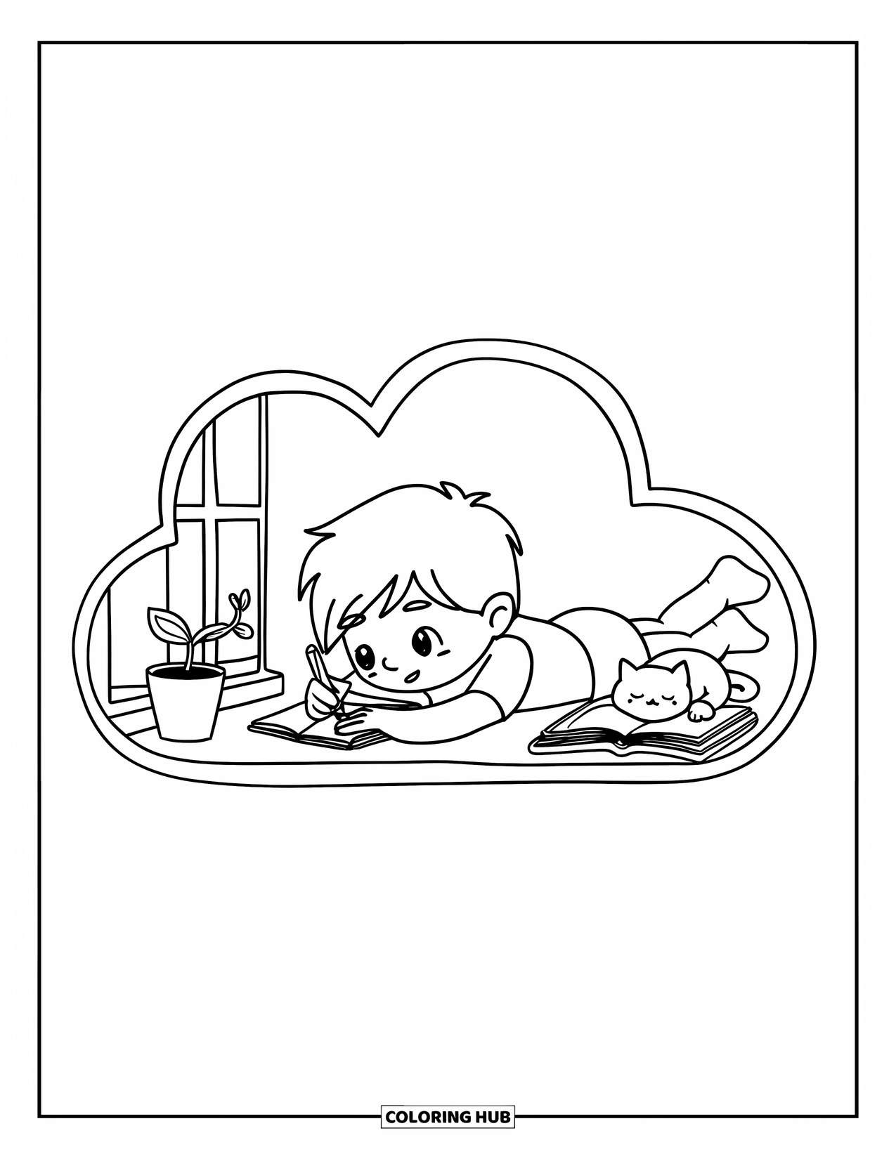 Library Coloring Page for Adults: A quiet reading corner where a boy draws and a cat naps on an open book