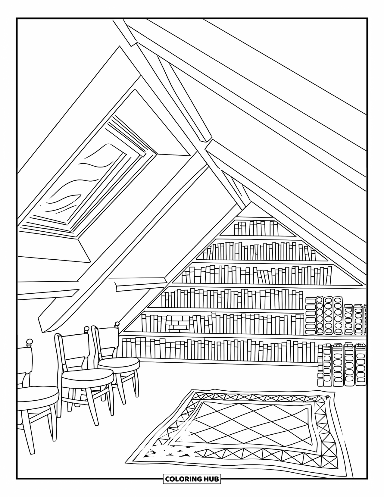Library Coloring Page for Adults: A skylit attic filled with books, cozy quilts, and soft reading spots under wooden beams