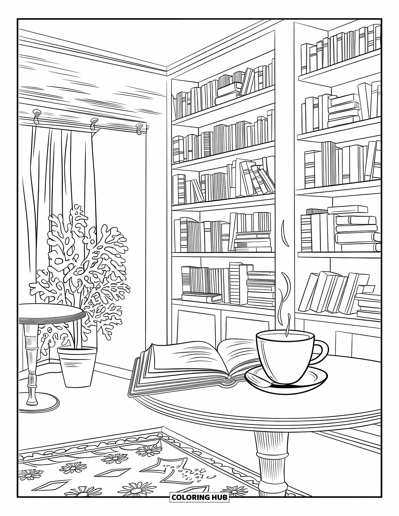 Library Coloring Page for Adults: A steaming cup and open book rest on a wooden table in a warm, book-filled café
