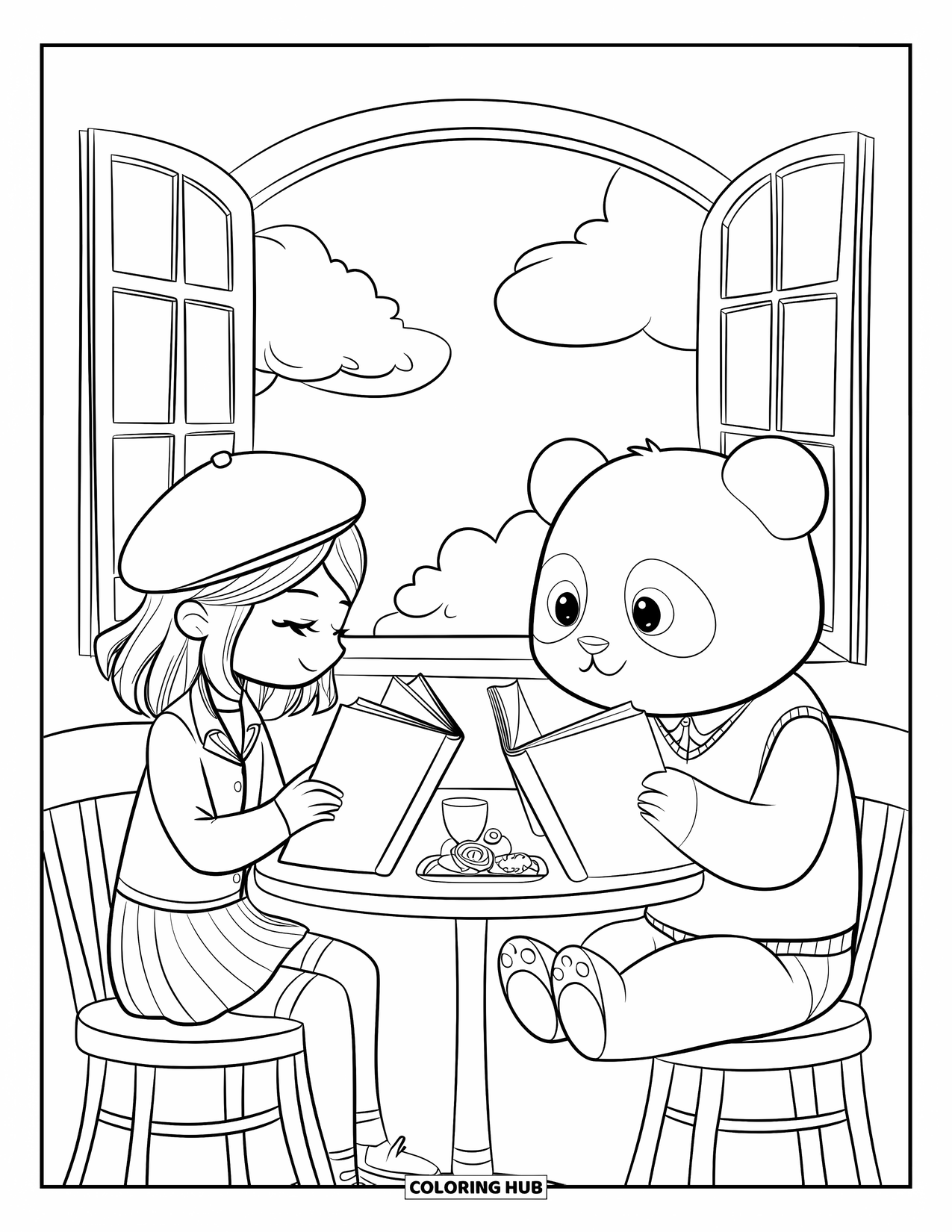 Library Coloring Page for Adults: A teen in a beret and a panda enjoy books and snacks in a warm, dreamy cafÈ