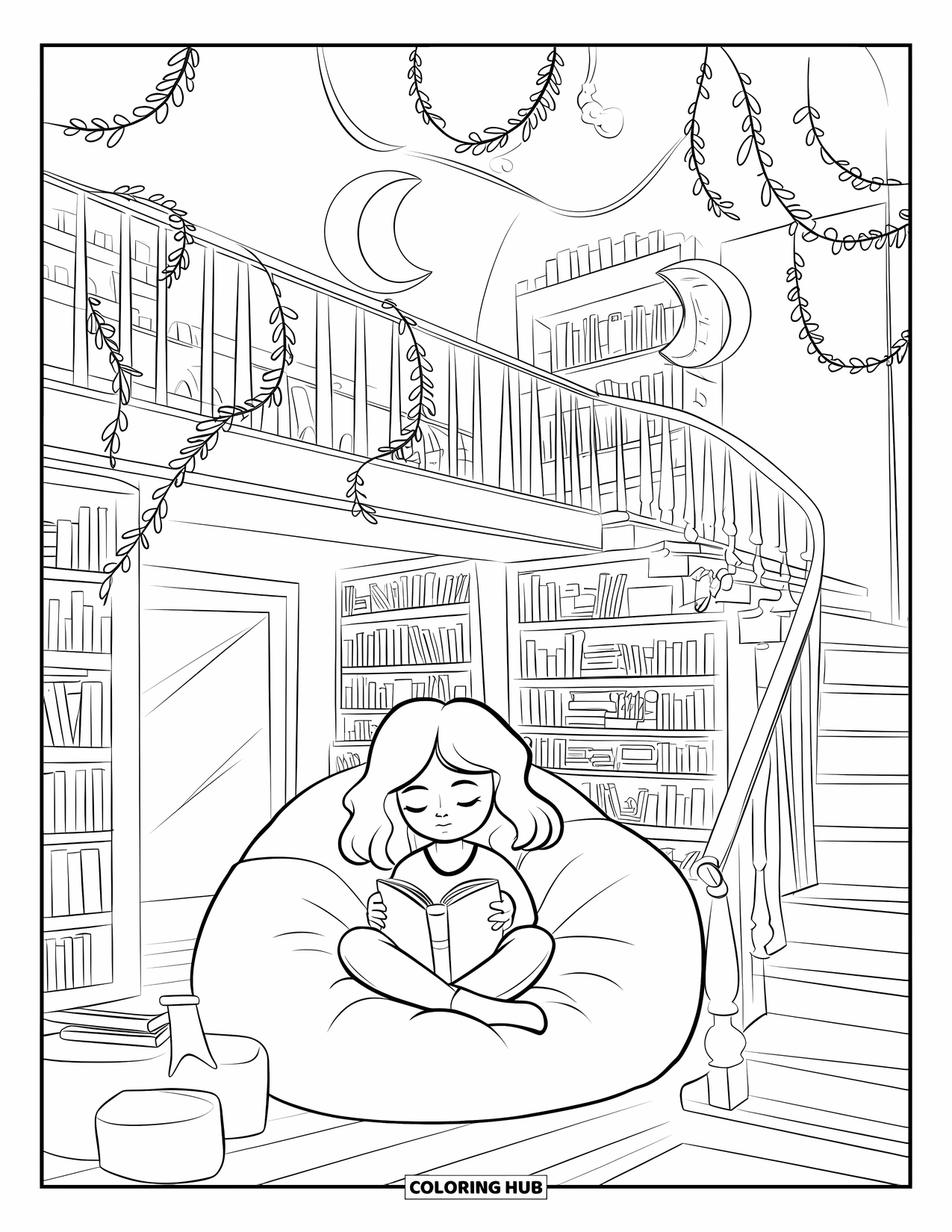 Library Coloring Page for Adults: A teen lounges in a vine-draped loft with books and glowing moon lamps nearby