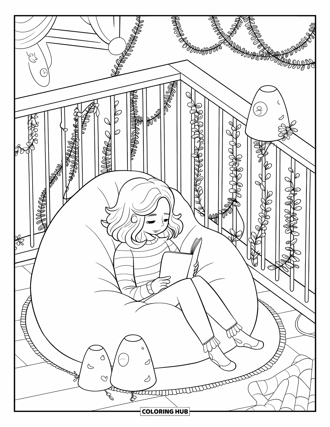Library Coloring Page for Adults: A teen reads on a bean bag in a cozy loft with vines and moon-shaped lamps