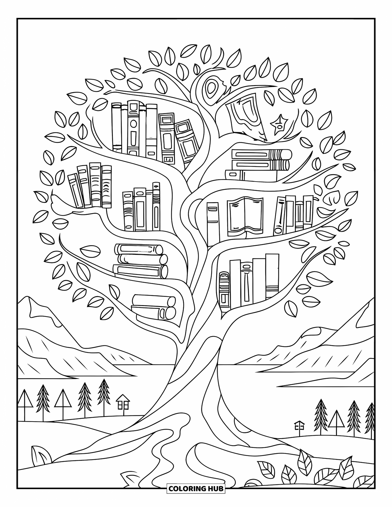 Library Coloring Page for Adults: A tree bookshelf with twisting branches stands in a peaceful landscape of water and hills