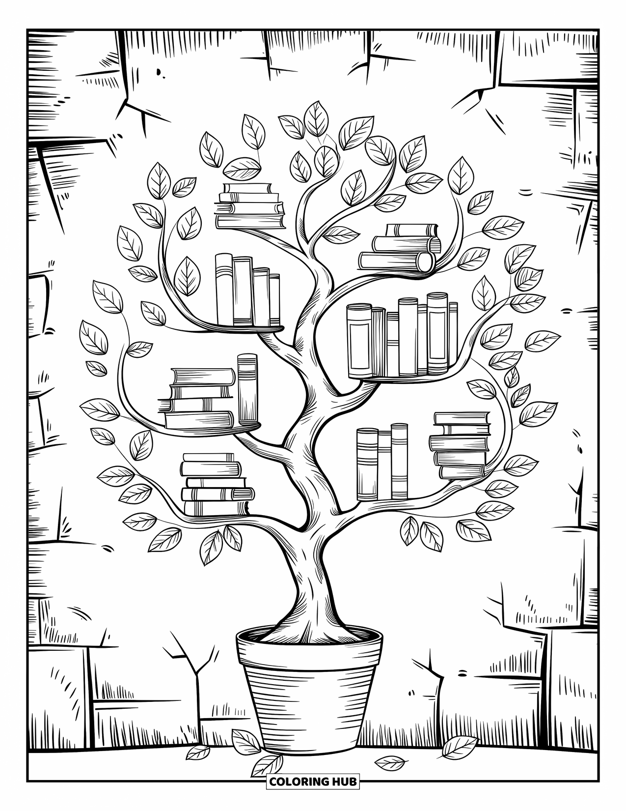 Library Coloring Page for Adults: A tree in a pot holds scattered books beneath a weathered wall and fallen leaves