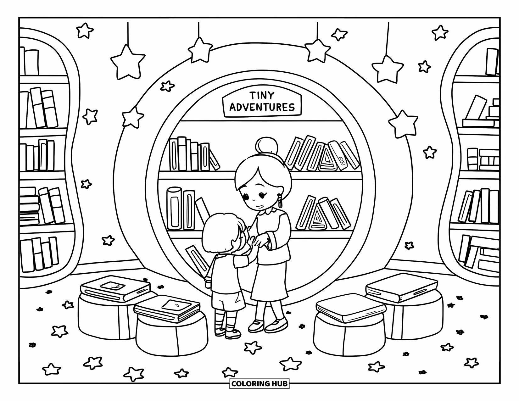 Library Coloring Page for Adults: A warm library space with book stools, stars, and a round shelf full of tiny stories
